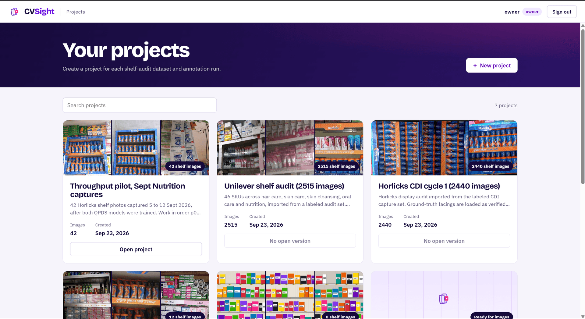CVSight retail shelf annotation platform projects dashboard preview
