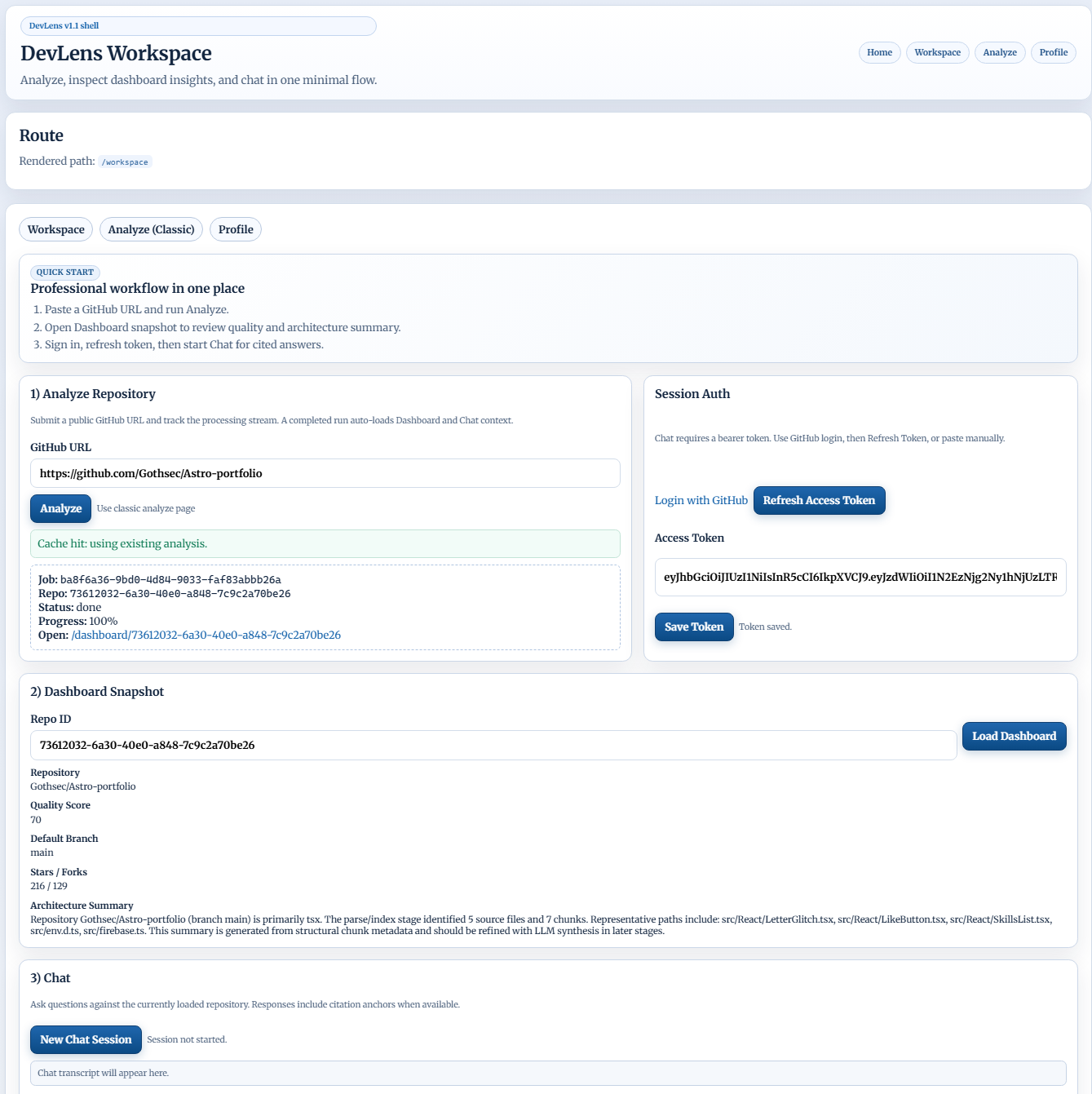 DevLens repository intelligence dashboard preview