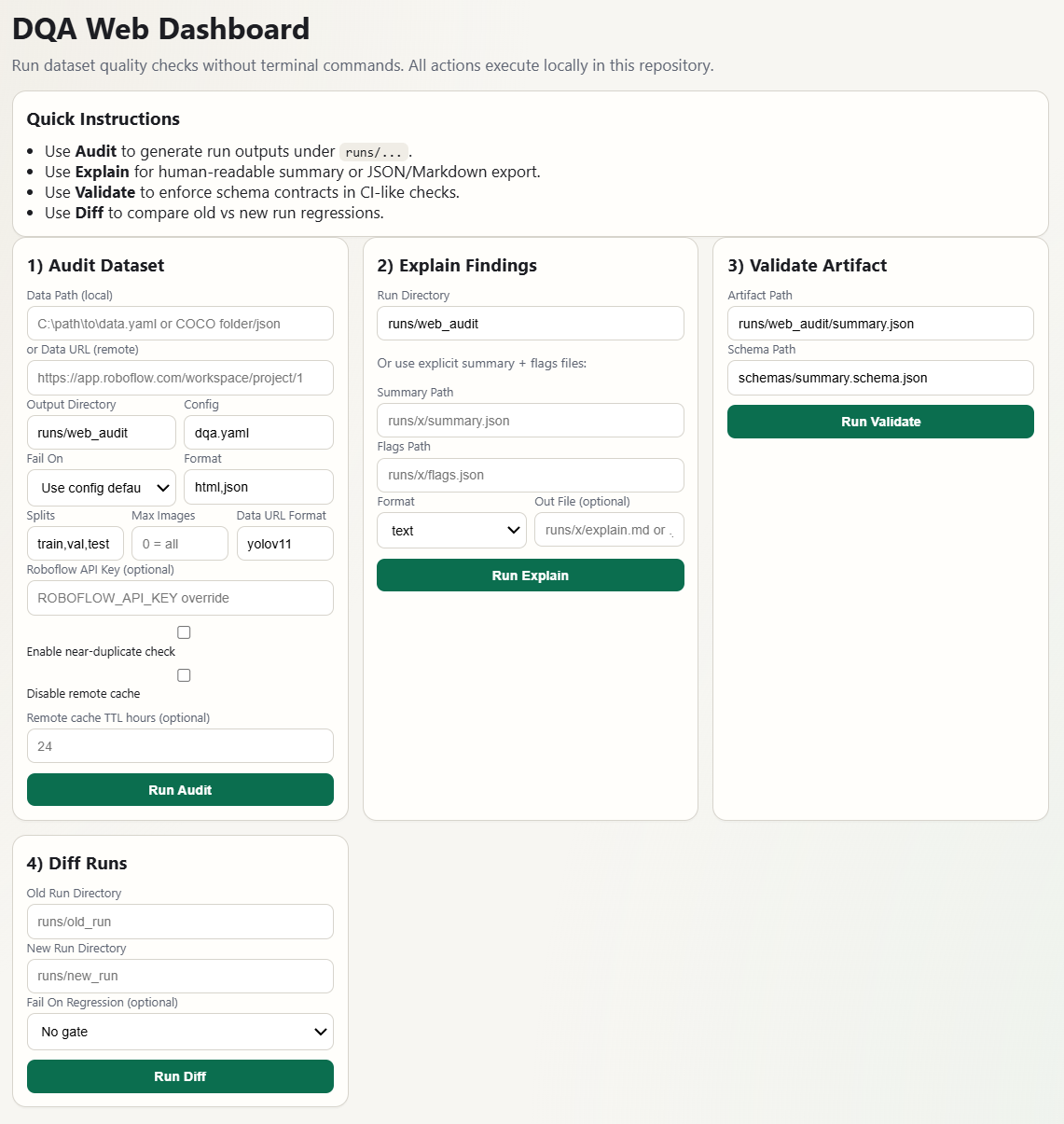 Dataset Quality Analyzer web dashboard preview