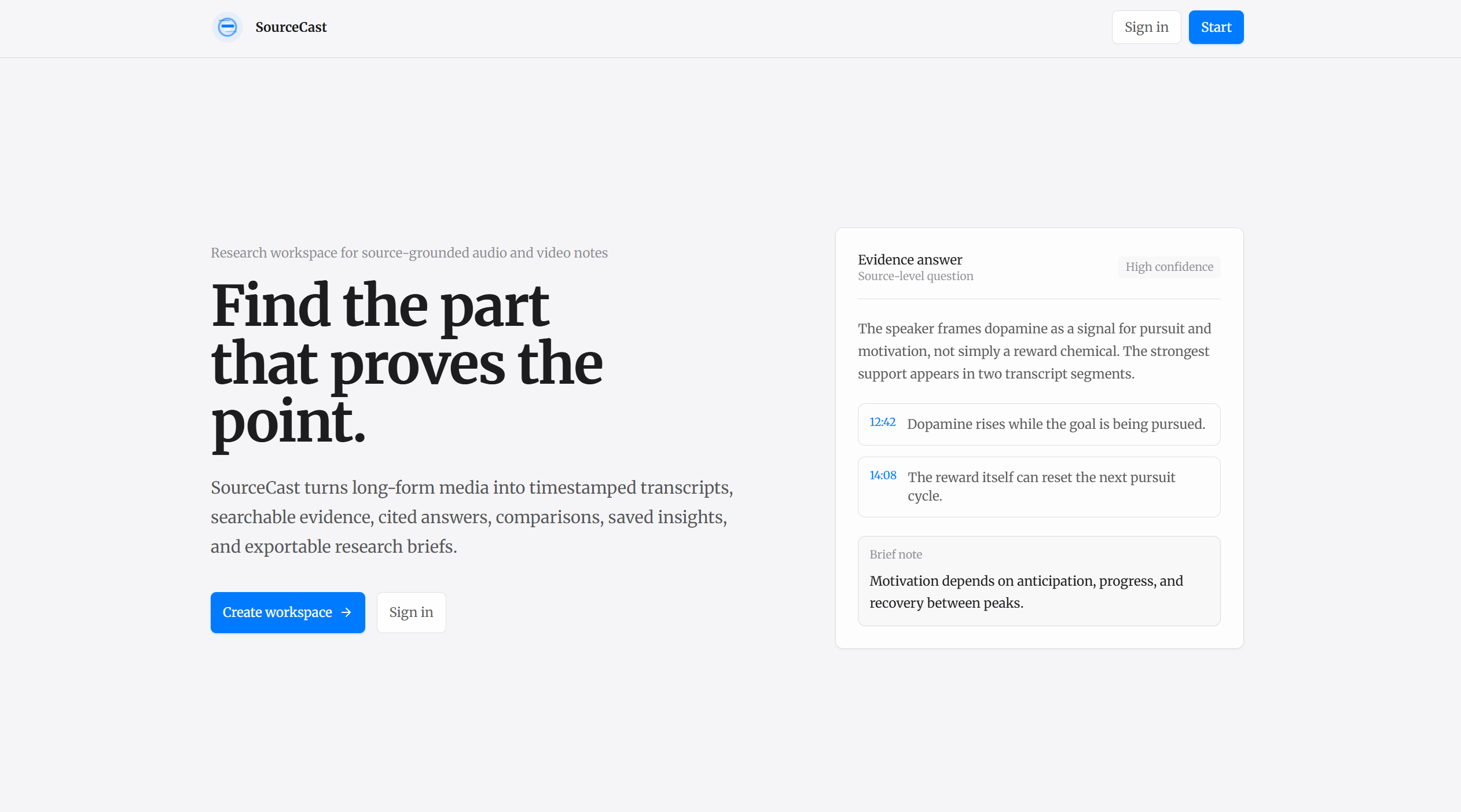 SourceCast evidence-grounded media research workspace interface preview