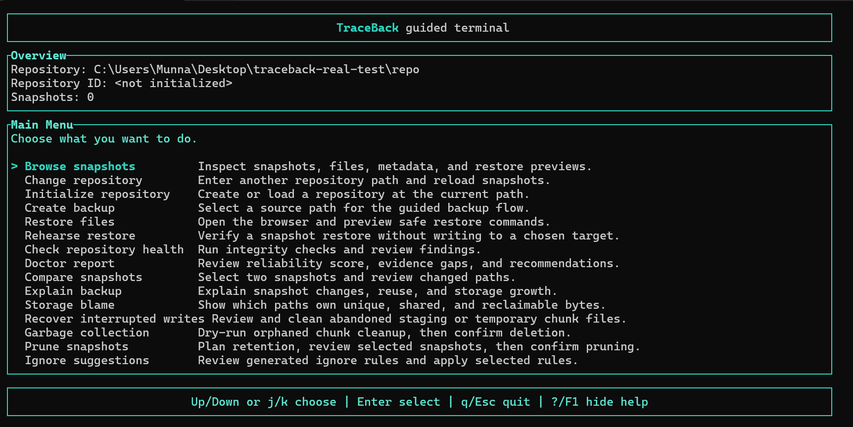 TraceBack explainable backup and restore tool interface preview