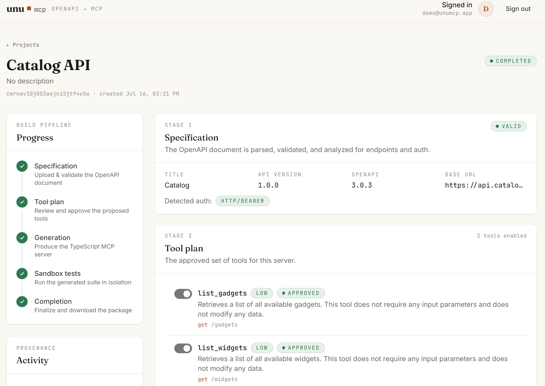 unuMCP OpenAPI to MCP server build pipeline preview